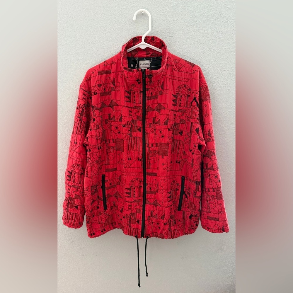 Vintage Chico's Red Quilted Zip Silk Jacket with Black Print- Chicos Size 3 - Picture 2 of 7